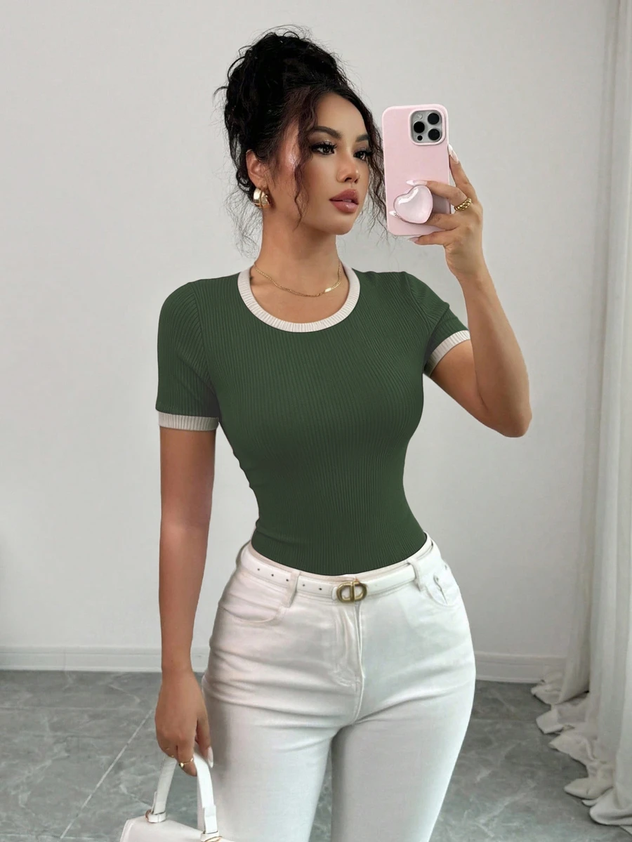 Elenzga Women's Round Neck Short Sleeve Slim Fit Casual T-Shirt - Dark Green - View 1