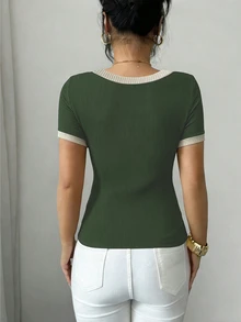 Elenzga Women's Round Neck Short Sleeve Slim Fit Casual T-Shirt - Dark Green - View 4