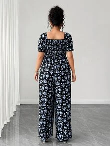 Elenzga Plus Size Women Ditsy Floral Waist Cinched Puff Sleeve Long Jumpsuit - Multicolor - View 2