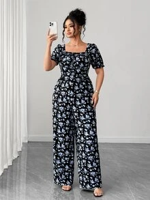 Elenzga Plus Size Women Ditsy Floral Waist Cinched Puff Sleeve Long Jumpsuit - Multicolor - View 4