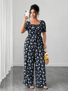 Elenzga Plus Size Women Ditsy Floral Waist Cinched Puff Sleeve Long Jumpsuit - Multicolor - View 5