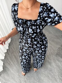 Elenzga Plus Size Women Ditsy Floral Waist Cinched Puff Sleeve Long Jumpsuit - Multicolor - View 8