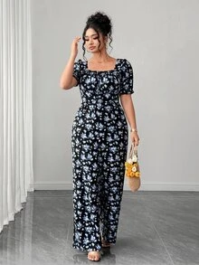 Elenzga Plus Size Women Ditsy Floral Waist Cinched Puff Sleeve Long Jumpsuit - Multicolor - View 6