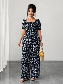 Elenzga Plus Size Women Ditsy Floral Waist Cinched Puff Sleeve Long Jumpsuit - Multicolor - View 7