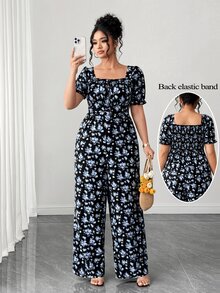 Elenzga Plus Size Women Ditsy Floral Waist Cinched Puff Sleeve Long Jumpsuit - Multicolor - View 1