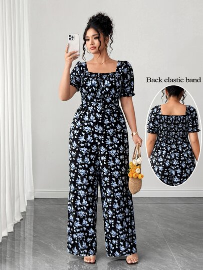 Elenzga Plus Size Women Ditsy Floral Waist Cinched Puff Sleeve Long Jumpsuit