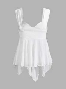 SHEIN ICON Camiseta de mujer de unicolor con panel de malla y bajo asimétrico simple - Blanco - Ver 2