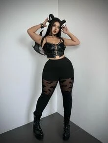 Whyspr Halloween Cosplay Plus Size Women's Black Mesh Patchwork Slim Fit Halloween Leggings Women's Halloween Costume - Black - View 3