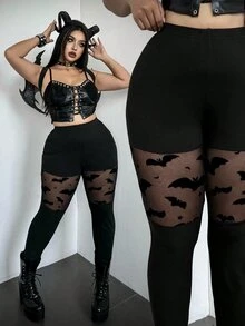 Whyspr Halloween Cosplay Plus Size Women's Black Mesh Patchwork Slim Fit Halloween Leggings Women's Halloween Costume - Black - View 1