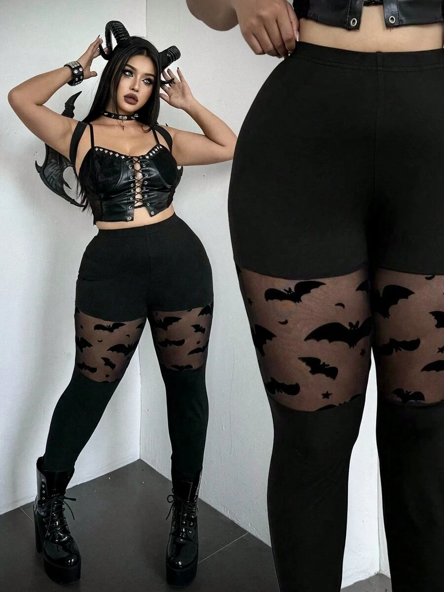 Whyspr Halloween Cosplay Plus Size Women's Black Mesh Patchwork Slim Fit Halloween Leggings Women's Halloween Costume - Black - View 1
