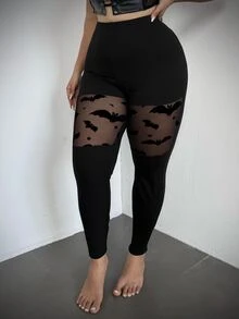 Whyspr Halloween Cosplay Plus Size Women's Black Mesh Patchwork Slim Fit Halloween Leggings Women's Halloween Costume - Black - View 6