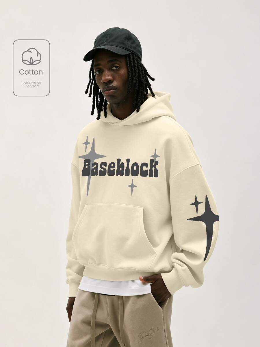 Baseblock 男士米色復古Y2K街頭風短版套頭連帽衛衣，泡泡字體字母與星爆圖案長袖運動衫，休閒外出演唱會音樂節夜店穿搭上衣 - 彩色 - 查看 1