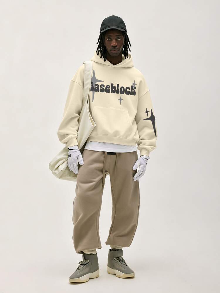 Baseblock Men's Cotton Beige Vintage Y2K Streetwear Short Pullover Hoodie, Bubble Font Letter & Starburst Graphic Long Sleeve Sweatshirt, New Fall Looks - Multicolor - View 5