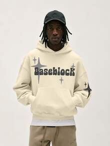 Baseblock 男士米色復古Y2K街頭風短版套頭連帽衛衣，泡泡字體字母與星爆圖案長袖運動衫，休閒外出演唱會音樂節夜店穿搭上衣 - 彩色 - 查看 4