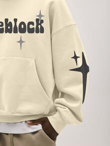 Baseblock 男士米色復古Y2K街頭風短版套頭連帽衛衣，泡泡字體字母與星爆圖案長袖運動衫，休閒外出演唱會音樂節夜店穿搭上衣 - 彩色 - 查看 6