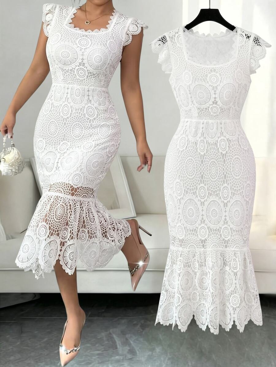 Elenzga Versatile Premium Heavy-Duty Lace Fabric Plus Size Women's Dress - White - View 1