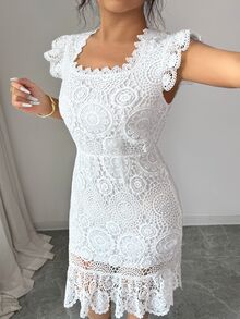 Elenzga Versatile Premium Heavy-Duty Lace Fabric Plus Size Women's Dress - White - View 3