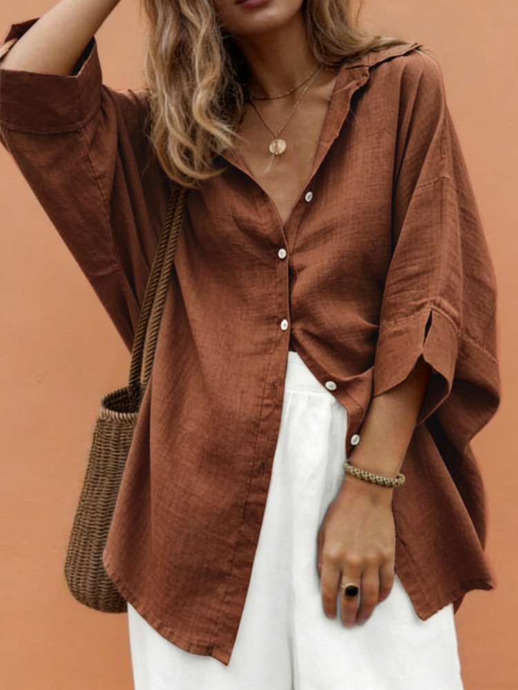 Weeklong Plus-Size Women's Spring/Summer Casual, Simple, And Versatile Resort-Style Khaki Solid-Color Loose-Fit Drop-Shoulder Collared Shirt-Perfect For Spring And Summer - Rust Brown - View 4