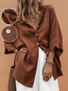 Weeklong Plus-Size Women's Spring/Summer Casual, Simple, And Versatile Resort-Style Khaki Solid-Color Loose-Fit Drop-Shoulder Collared Shirt-Perfect For Spring And Summer - Rust Brown - View 1
