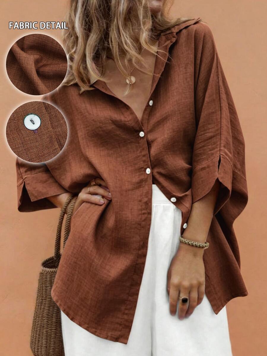 Weeklong Plus-Size Women's Spring/Summer Casual, Simple, And Versatile Resort-Style Khaki Solid-Color Loose-Fit Drop-Shoulder Collared Shirt-Perfect For Spring And Summer - Rust Brown - View 1