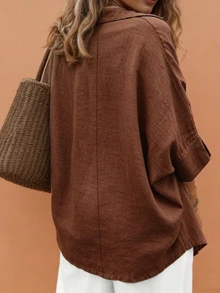 Weeklong Plus-Size Women's Spring/Summer Casual, Simple, And Versatile Resort-Style Khaki Solid-Color Loose-Fit Drop-Shoulder Collared Shirt-Perfect For Spring And Summer - Rust Brown - View 2