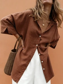 Weeklong Plus-Size Women's Spring/Summer Casual, Simple, And Versatile Resort-Style Khaki Solid-Color Loose-Fit Drop-Shoulder Collared Shirt-Perfect For Spring And Summer - Rust Brown - View 3