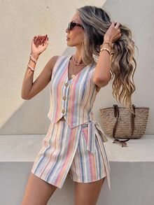 Serisse Holiday Beach Set Striped Single-Breasted Vest And Side-Knot Skort 2 Pieces Set - Multicolor - View 1