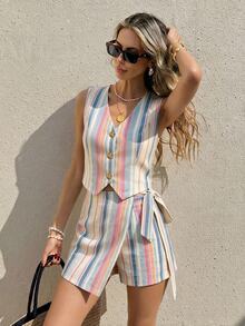 Serisse Holiday Beach Set Striped Single-Breasted Vest And Side-Knot Skort 2 Pieces Set - Multicolor - View 7