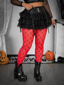 Whyspr Halloween Grunge Punk Plus Size Women's Dark Contrast Color Skull Pattern Halloween Horror Print Leggings Women's Halloween Costume - Red - View 3
