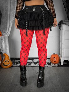 Whyspr Halloween Grunge Punk Plus Size Women's Dark Contrast Color Skull Pattern Halloween Horror Print Leggings Women's Halloween Costume - Red - View 5