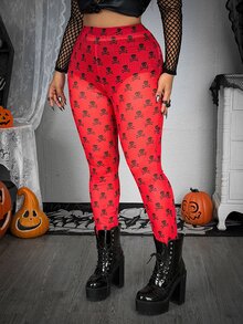 Whyspr Halloween Grunge Punk Plus Size Women's Dark Contrast Color Skull Pattern Halloween Horror Print Leggings Women's Halloween Costume - Red - View 7
