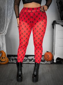 Whyspr Halloween Grunge Punk Plus Size Women's Dark Contrast Color Skull Pattern Halloween Horror Print Leggings Women's Halloween Costume - Red - View 4