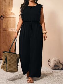 Breezaya Plus Size Solid Color Round Neck Sleeveless Lace Patchwork Cinched Waist Loose Jumpsuit - Black - View 6