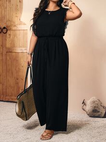 Breezaya Plus Size Solid Color Round Neck Sleeveless Lace Patchwork Cinched Waist Loose Jumpsuit - Black - View 5