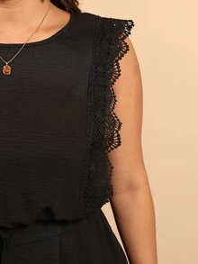 Breezaya Plus Size Solid Color Round Neck Sleeveless Lace Patchwork Cinched Waist Loose Jumpsuit - Black - View 7