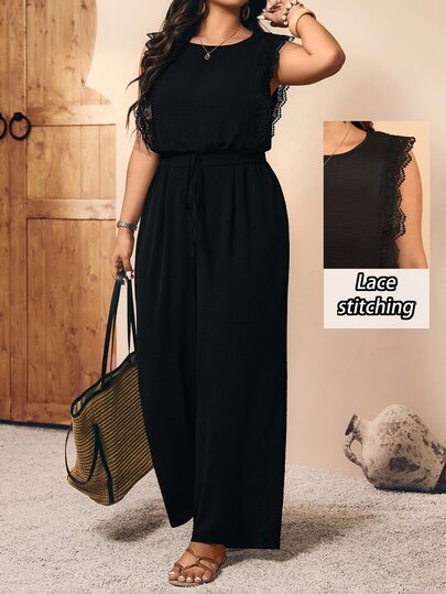 Breezaya Plus Size Solid Color Round Neck Sleeveless Lace Patchwork Cinched Waist Loose Jumpsuit