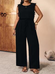 Breezaya Plus Size Solid Color Round Neck Sleeveless Lace Patchwork Cinched Waist Loose Jumpsuit - Black - View 4