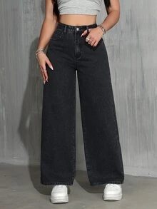 Rivivi Summer New Loose Solid Color Plus Size Women's Wide Leg Denim Jeans - Black - View 1