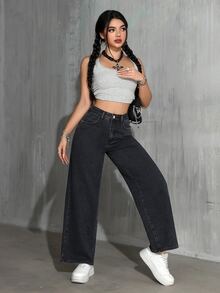 Rivivi Summer New Loose Solid Color Plus Size Women's Wide Leg Denim Jeans - Black - View 6