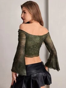 SHEIN ICON 花卉印花露肩喇叭袖y2k Grunge短款網眼上衣 - 軍綠色 - 查看 2