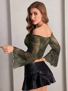 SHEIN ICON 花卉印花露肩喇叭袖y2k Grunge短款網眼上衣 - 軍綠色 - 查看 8