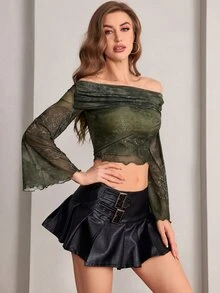 SHEIN ICON 花卉印花露肩喇叭袖y2k Grunge短款網眼上衣 - 軍綠色 - 查看 5