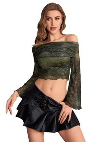 SHEIN ICON 花卉印花露肩喇叭袖y2k Grunge短款網眼上衣 - 軍綠色 - 查看 9