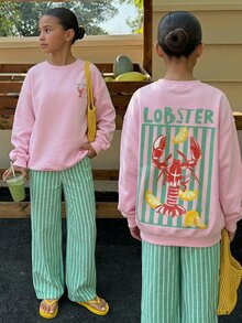 SHEIN Tween少女青少年女孩 粉色與綠色龍蝦字母印花寬鬆衛衣 條紋寬腿褲 2件套 - 粉色 - 查看 13