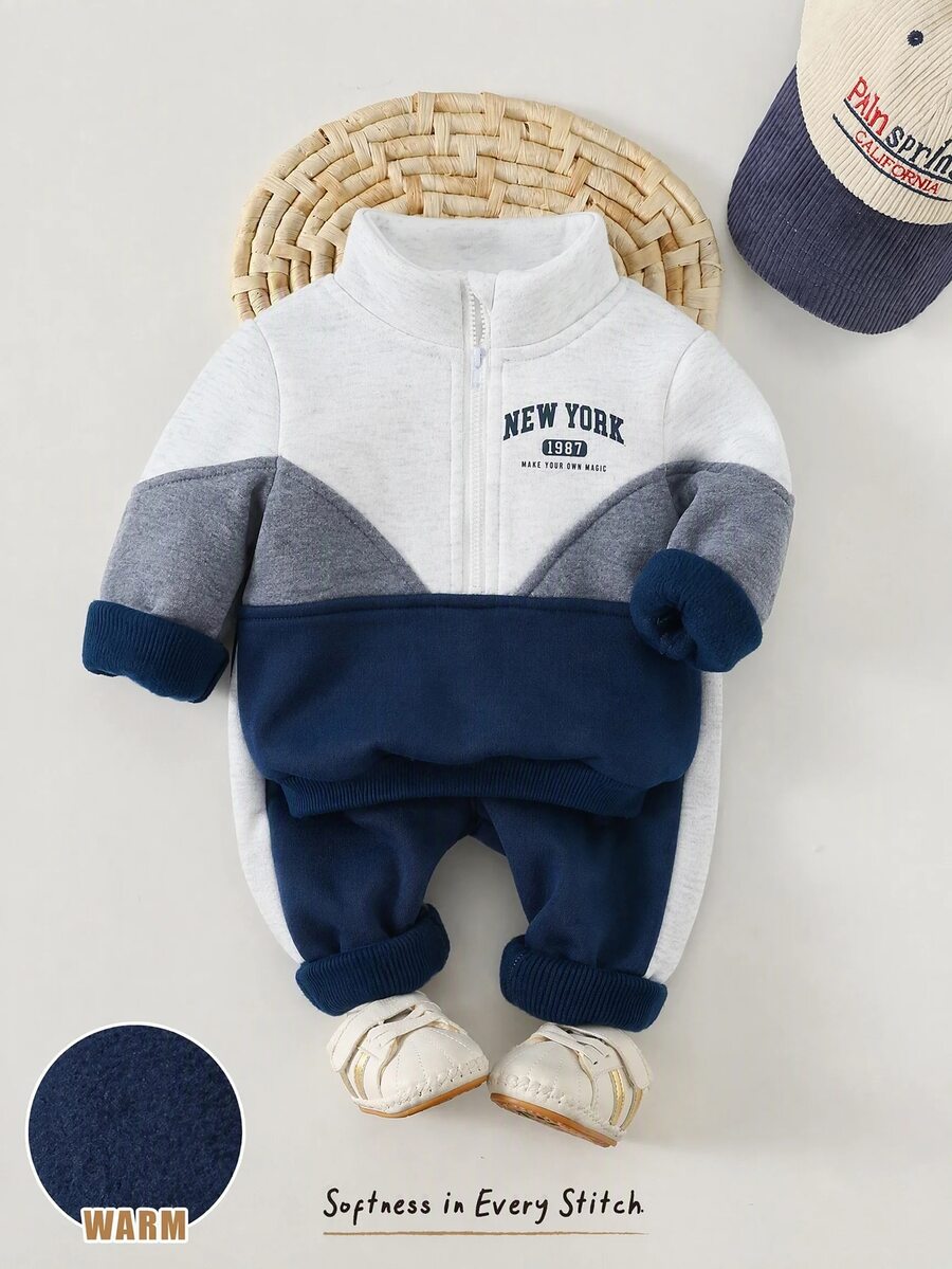 Cozy Pixies Baby Boy Contrast Color Patchwork Letter Print Crew Neck Long Sleeve Half-Zip Pullover Sweatshirt And Elastic Waist Cuffed Pants 2 Pieces Set - Multicolor - View 1