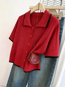 Franclia 女士休闲宽松 Polo 领短袖镂空针织撞色滚边杏色开衫，春夏款 - 紅色 - 查看 4