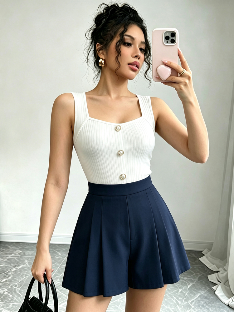 Elenzga Women's Solid Color Button Design Camisole And Pleated Shorts 2 Pieces Set Brunch Everyday White Navy Blue Summer Preppy Elegant - Multicolor - View 7