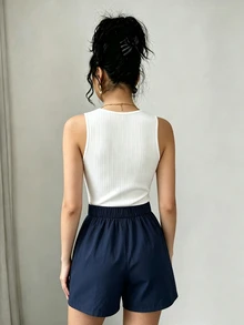 Elenzga Women's Solid Color Button Design Camisole And Pleated Shorts 2 Pieces Set Brunch Everyday White Navy Blue Summer Preppy Elegant - Multicolor - View 5