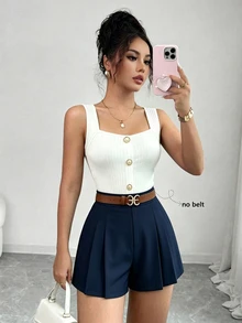 Elenzga Women's Solid Color Button Design Camisole And Pleated Shorts 2 Pieces Set Brunch Everyday White Navy Blue Summer Preppy Elegant - Multicolor - View 2