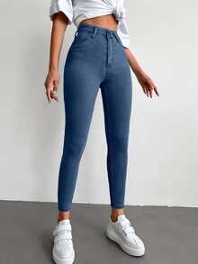 SHEIN Tall Tall High Waist Casual Style Medium Blue Wash Regular Fit Button Front High Stretch Skinny Jean - Medium Wash - View 6